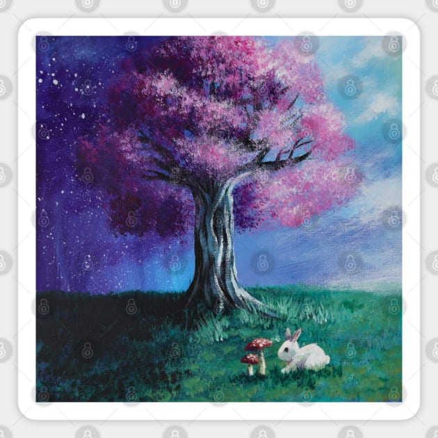 Scenery Painting Fairytale Bunny  Pink Cherry Blossom Tree Magnet by Tina